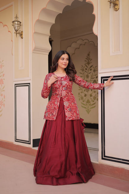 Maroon Pure Simmer Vichitra Kali Pattern Work Lehenga