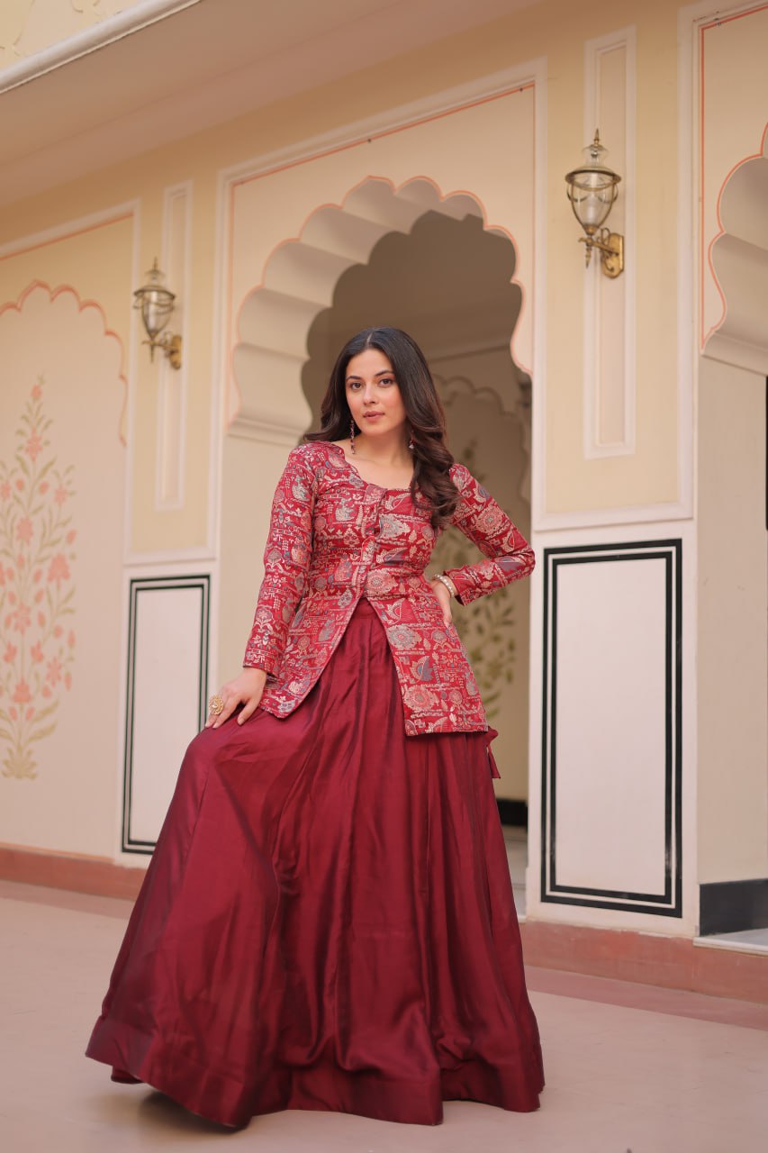 Maroon Pure Simmer Vichitra Kali Pattern Work Lehenga