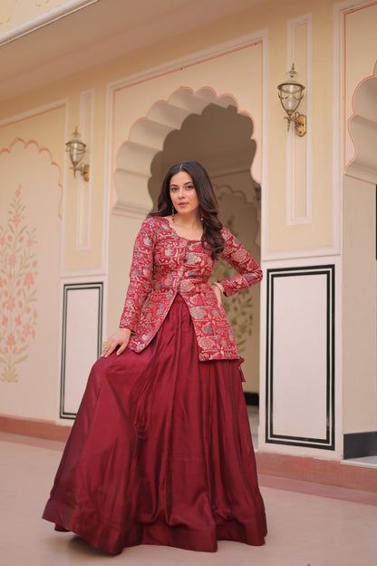 Maroon Pure Simmer Vichitra Kali Pattern Work Lehenga