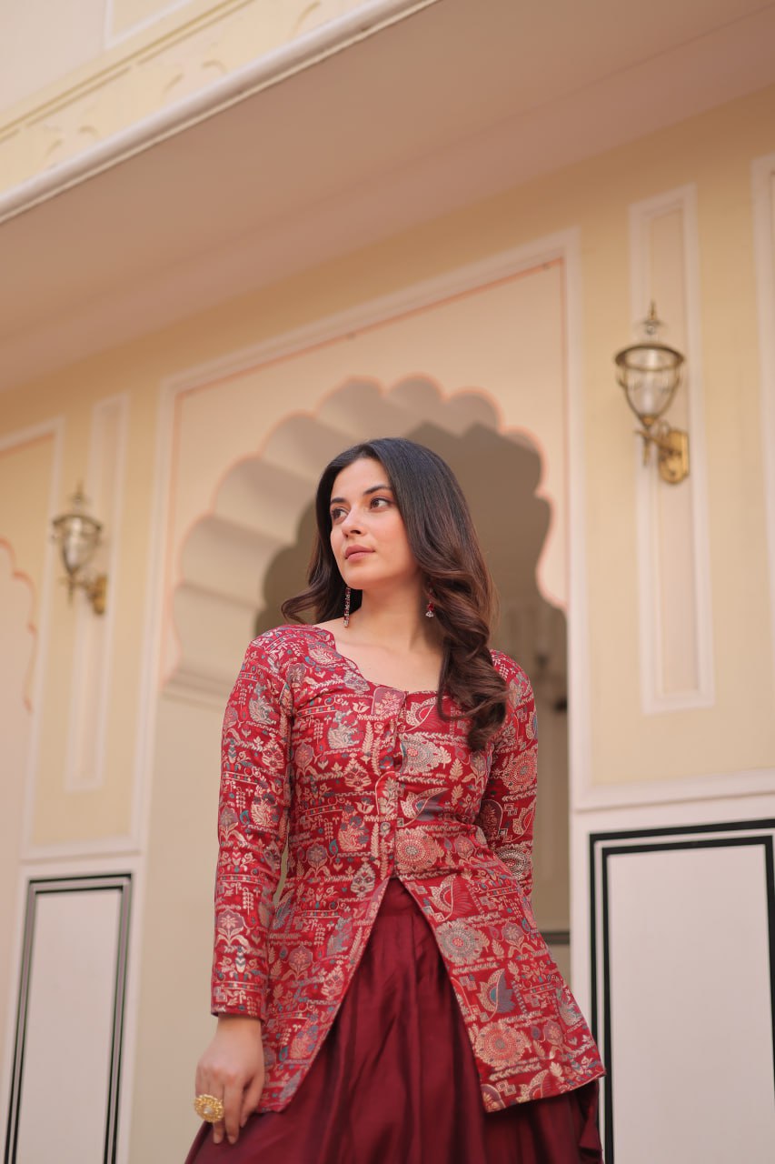 Maroon Pure Simmer Vichitra Kali Pattern Work Lehenga