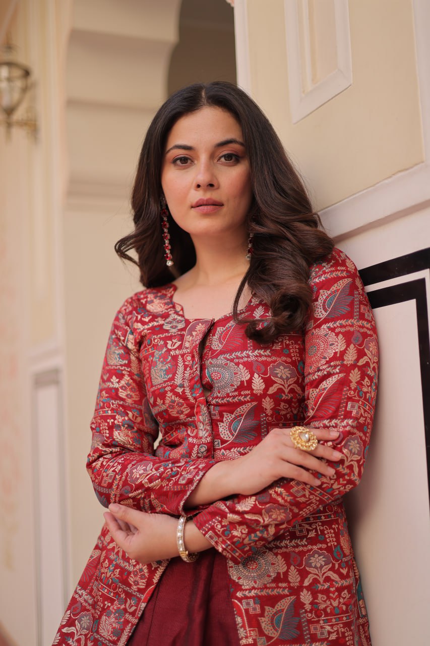Maroon Pure Simmer Vichitra Kali Pattern Work Lehenga