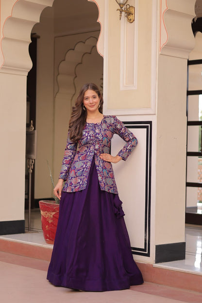 Purple Pure Simmer Vichitra Kali Pattern Work Lehenga