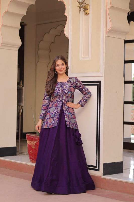 Purple Pure Simmer Vichitra Kali Pattern Work Lehenga