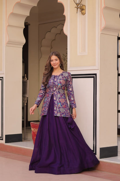 Purple Pure Simmer Vichitra Kali Pattern Work Lehenga