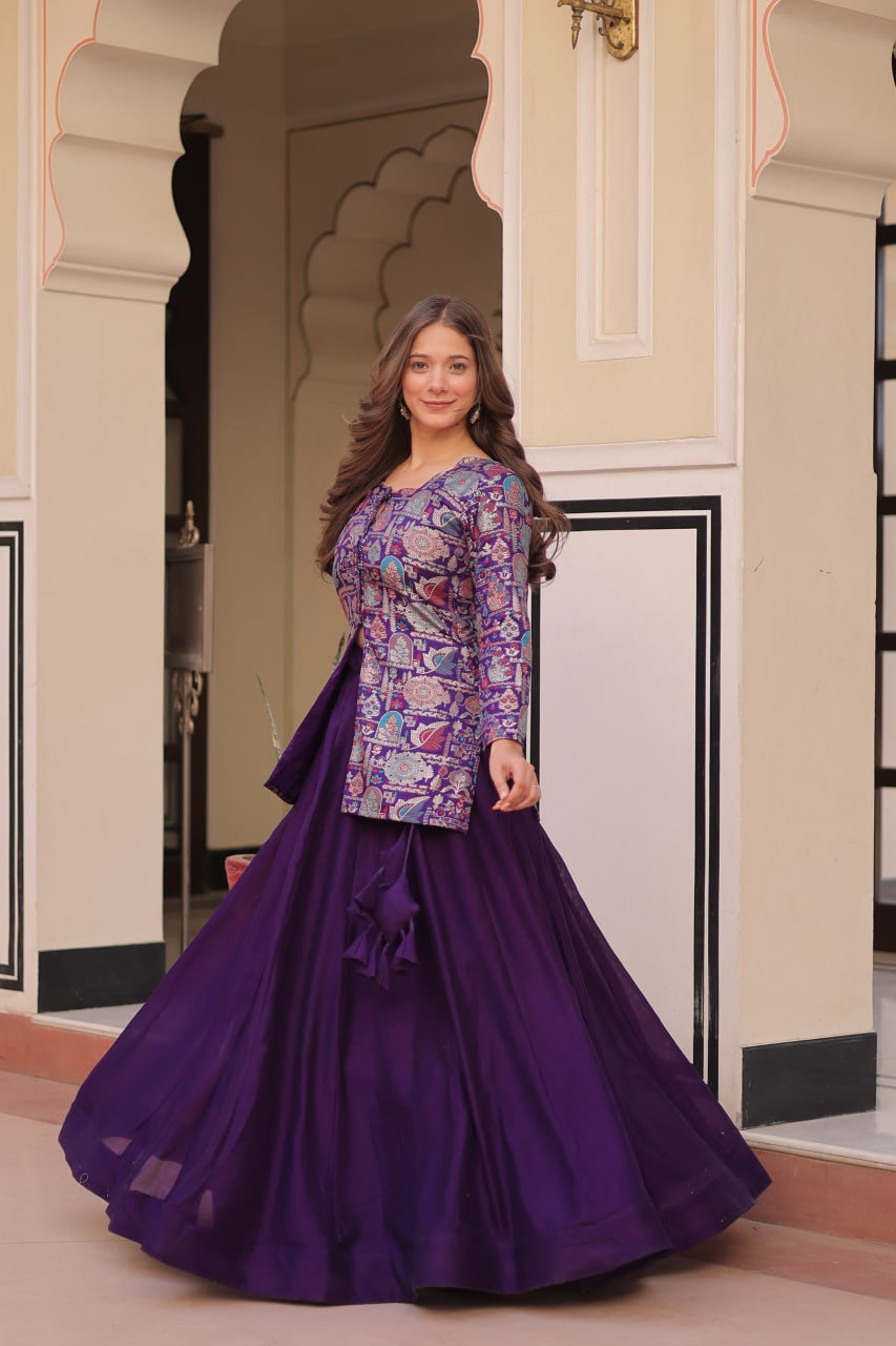 Purple Pure Simmer Vichitra Kali Pattern Work Lehenga