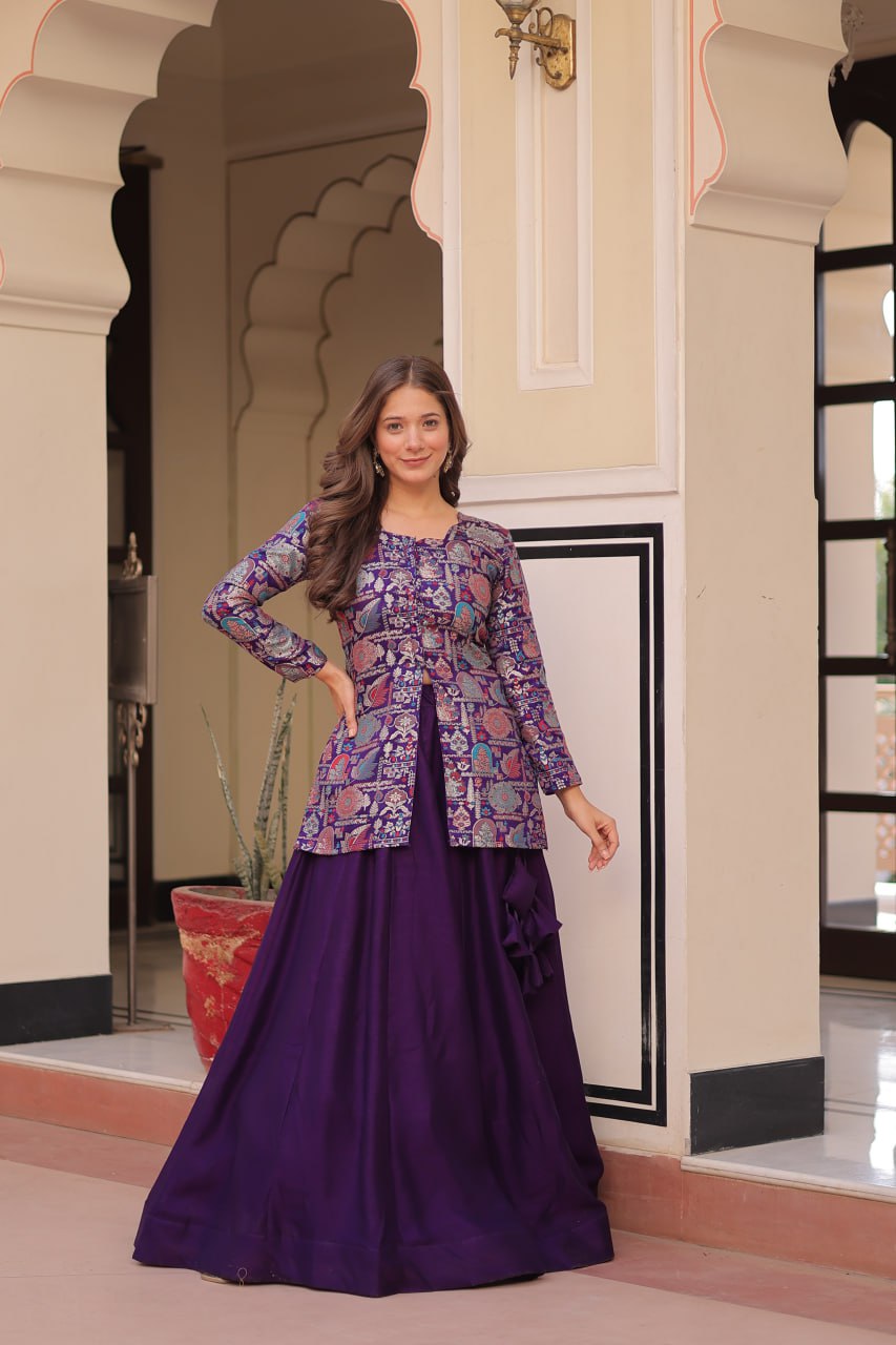 Purple Pure Simmer Vichitra Kali Pattern Work Lehenga