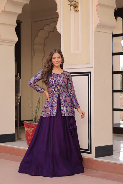 Purple Pure Simmer Vichitra Kali Pattern Work Lehenga