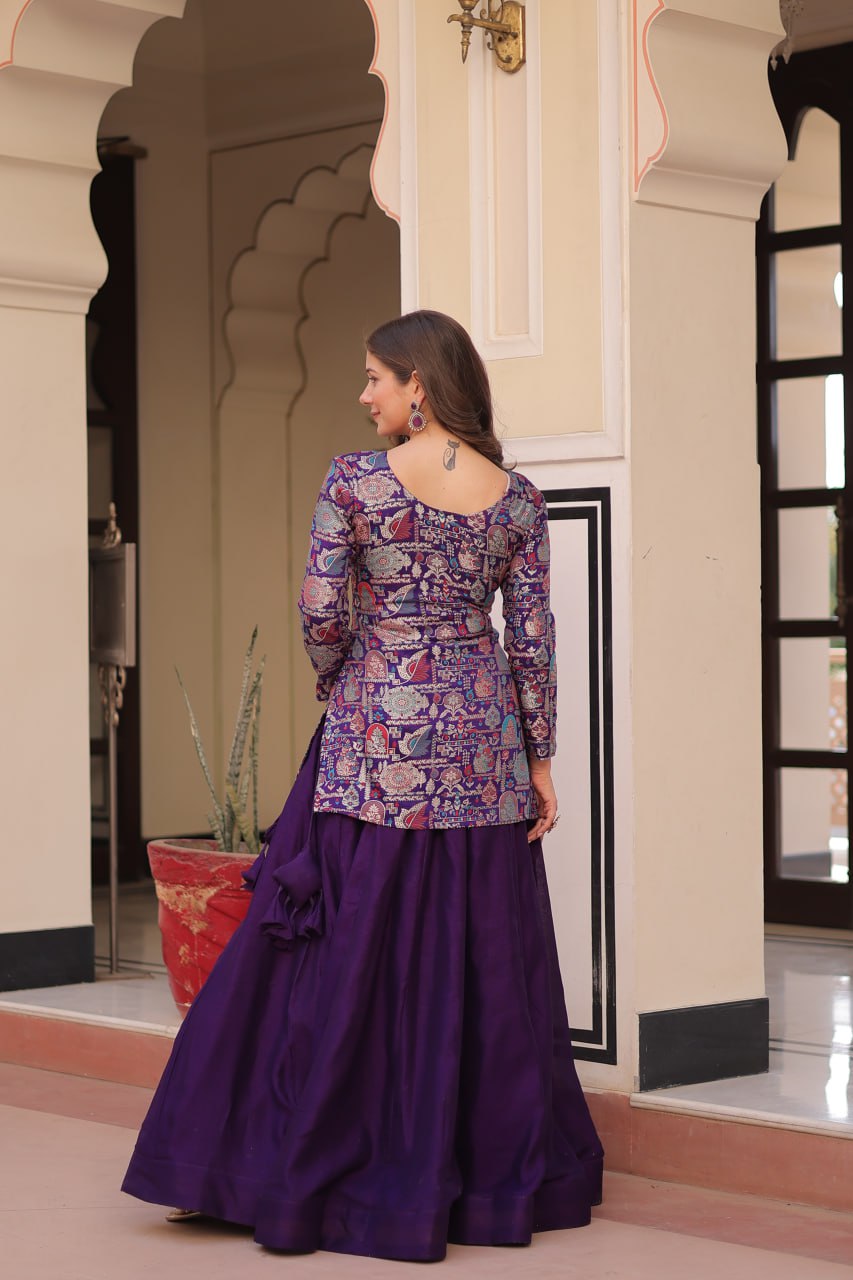 Purple Pure Simmer Vichitra Kali Pattern Work Lehenga
