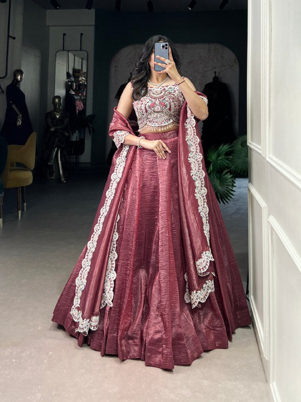Maroon Gold Crush Plain Wedding Lehenga Choli
