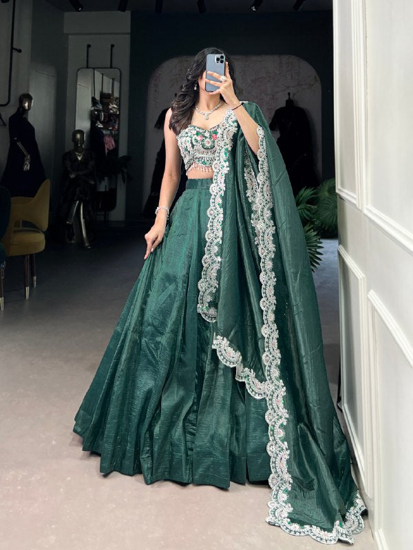 Teal Gold Crush Plain Wedding Lehenga Choli