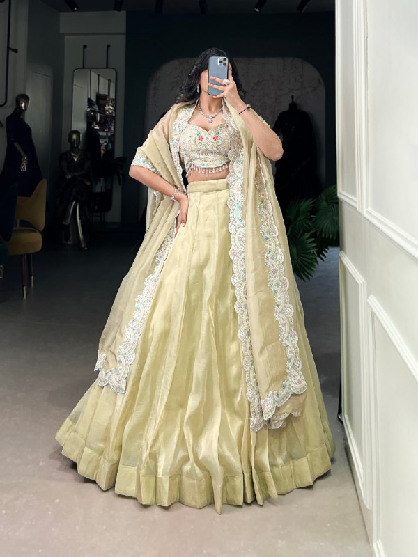 Pista Gold Crush Plain  Wedding Lehenga Choli