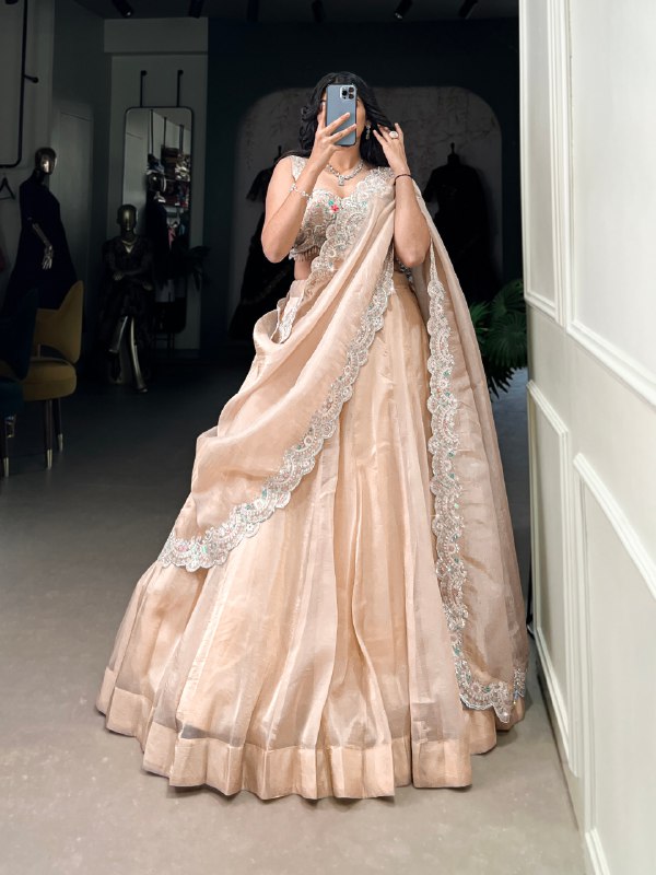 Cream Gold Crush Plain Wedding Lehenga Choli