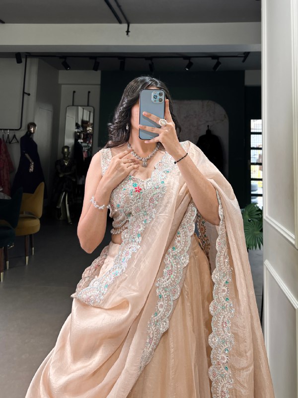Cream Gold Crush Plain Wedding Lehenga Choli