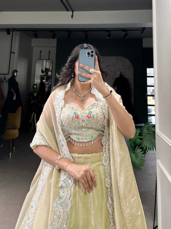 Pista Gold Crush Plain  Wedding Lehenga Choli