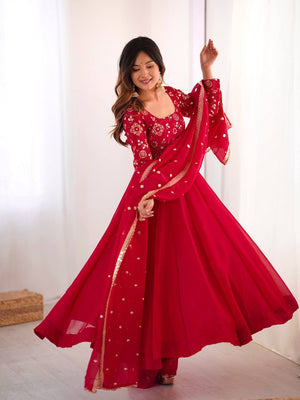 Rani Pink Crunchy Silk Salwar Suit with Fully Flared Ghera and Elegant Lace Border by The Beauty Queen Surat