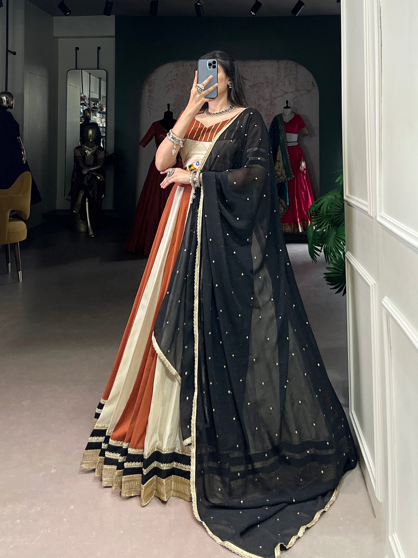 Cream Chinon Sequins Lace Touch Up Navratri Lehenga Choli