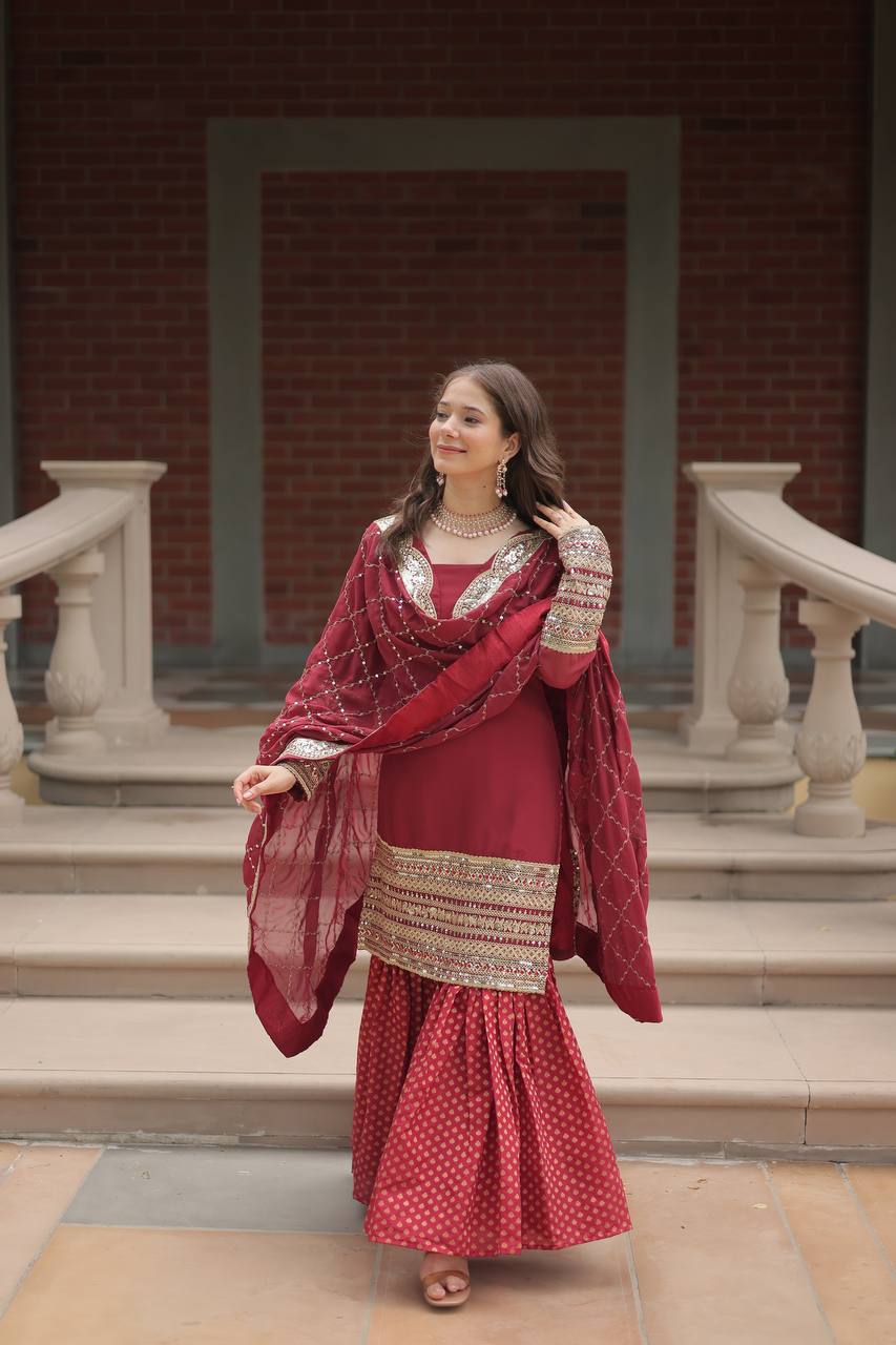 Maroon Faux Georgette With Sequins Thread Embroidered Work Sharara