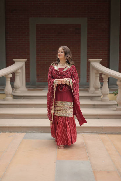 Maroon Faux Georgette With Sequins Thread Embroidered Work Sharara