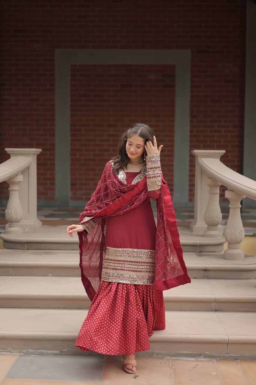 Maroon Faux Georgette With Sequins Thread Embroidered Work Sharara