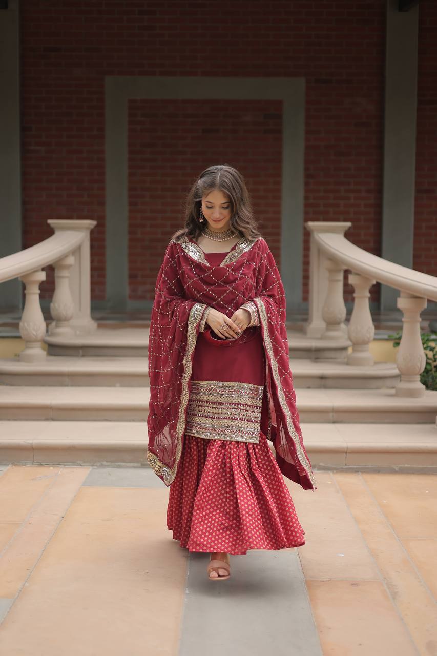 Maroon Faux Georgette With Sequins Thread Embroidered Work Sharara