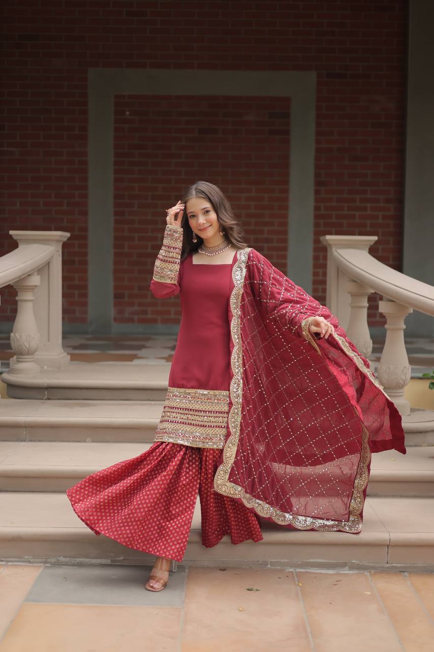 Maroon Faux Georgette With Sequins Thread Embroidered Work Sharara