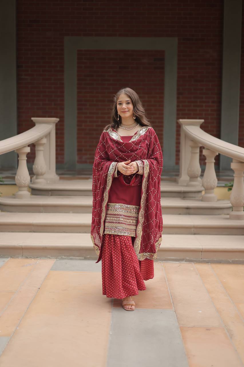 Maroon Faux Georgette With Sequins Thread Embroidered Work Sharara