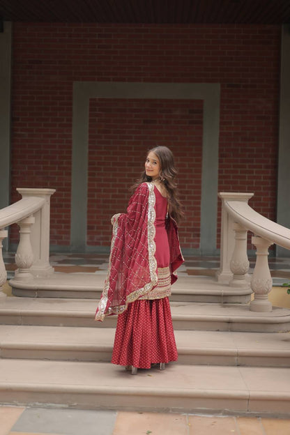 Maroon Faux Georgette With Sequins Thread Embroidered Work Sharara