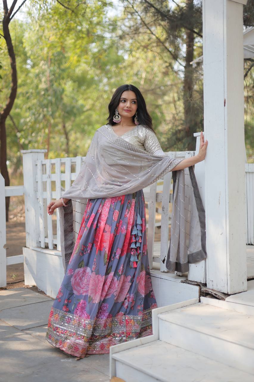 Lavender Digital Printed Faux Georgette With Heavy Sequins Thread Embroidered Work Lehenga