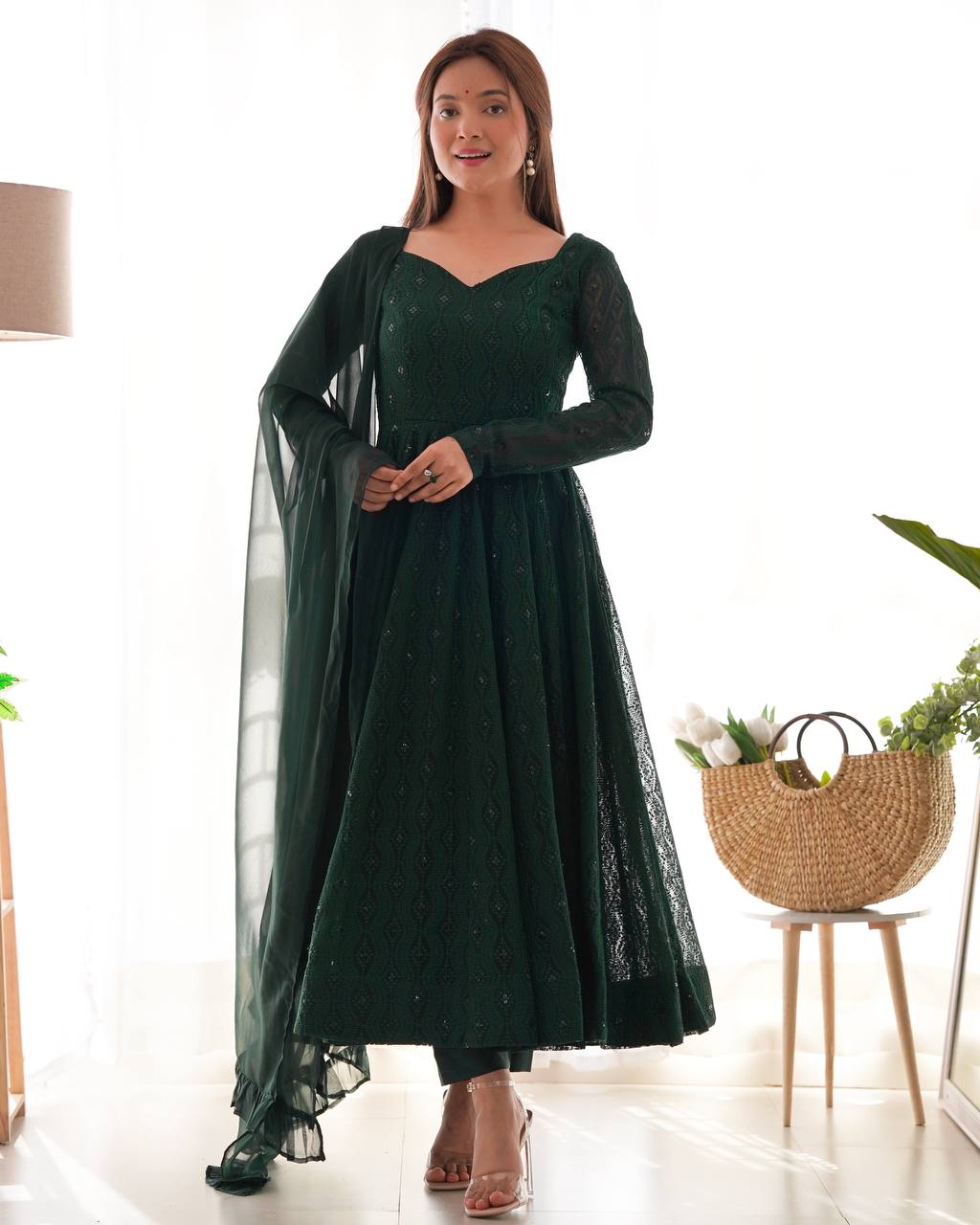 Dark Green Georgette Lukhnowi Sequence Work Anarkali Salwar Suit