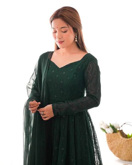 Dark Green Georgette Lukhnowi Sequence Work Anarkali Salwar Suit