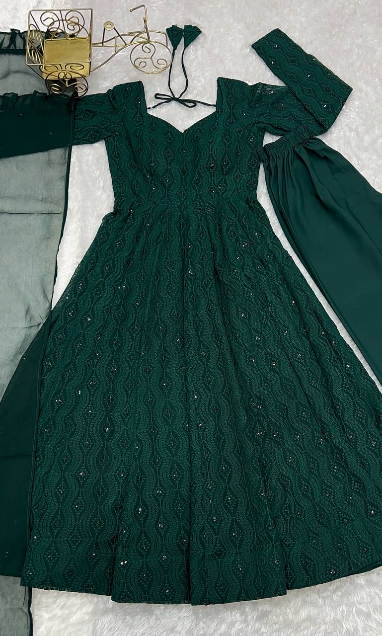 Dark Green Georgette Lukhnowi Sequence Work Anarkali Salwar Suit