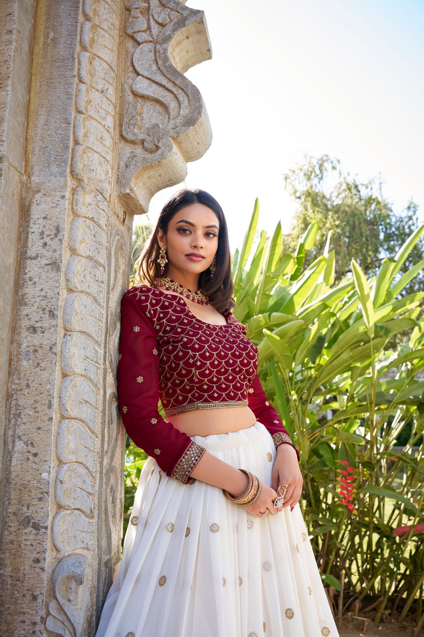 White Georgette Sequins And Thread Embroidery Work With Lace Touch Up Lehenga