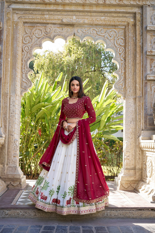 White Georgette Sequins And Thread Embroidery Work With Lace Touch Up Lehenga