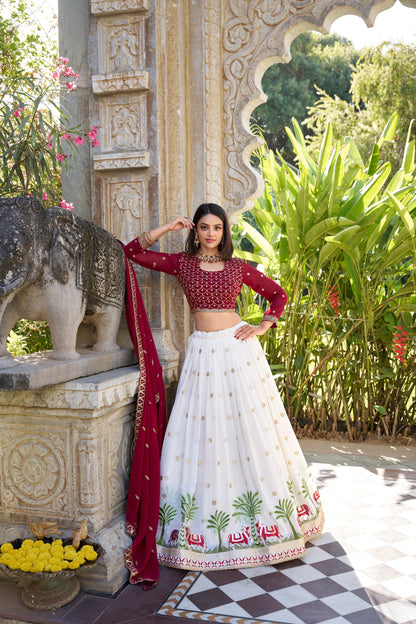 White Georgette Sequins And Thread Embroidery Work With Lace Touch Up Lehenga