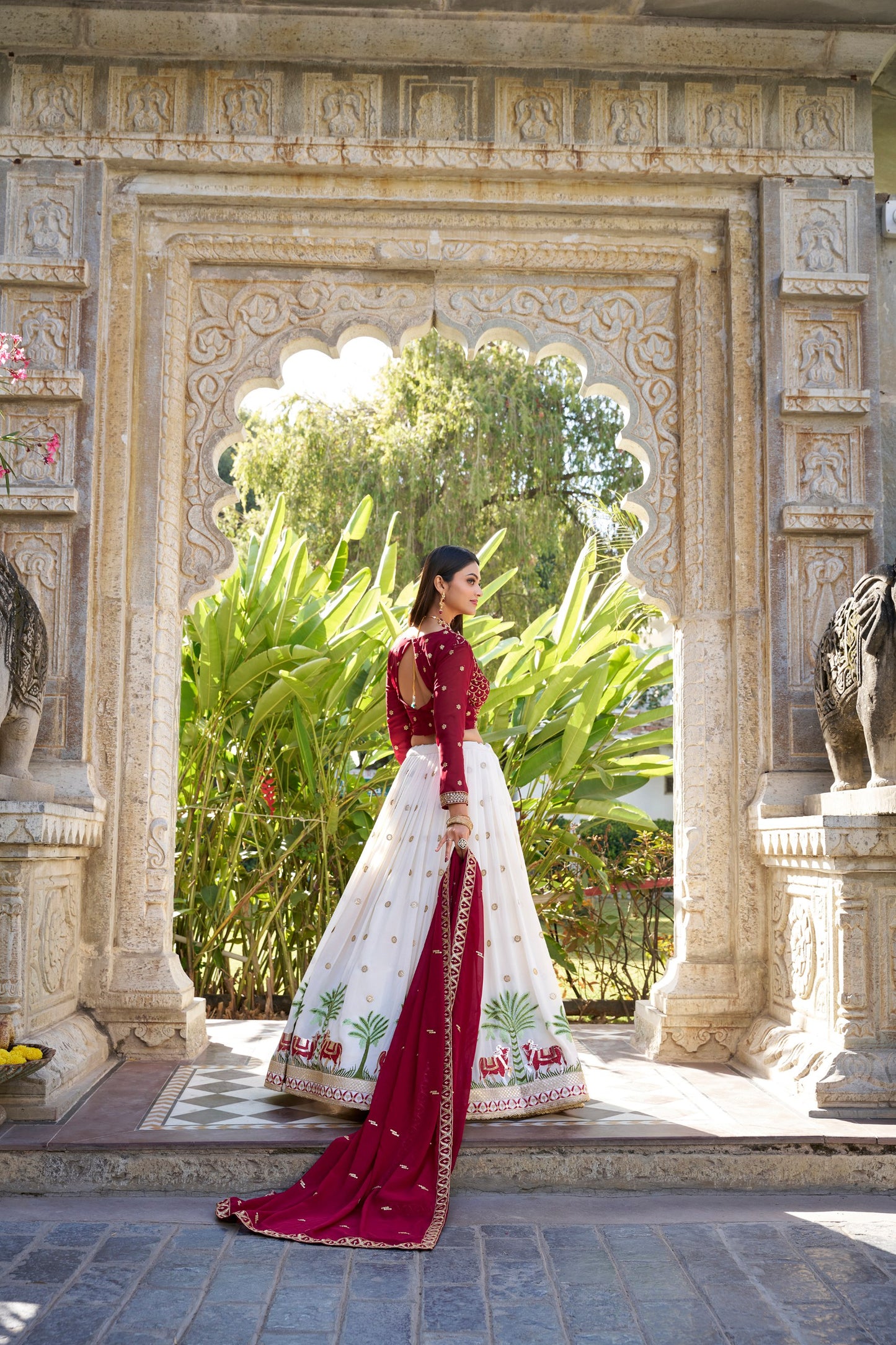 White Georgette Sequins And Thread Embroidery Work With Lace Touch Up Lehenga