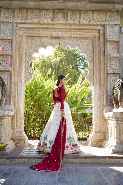 White Georgette Sequins And Thread Embroidery Work With Lace Touch Up Lehenga