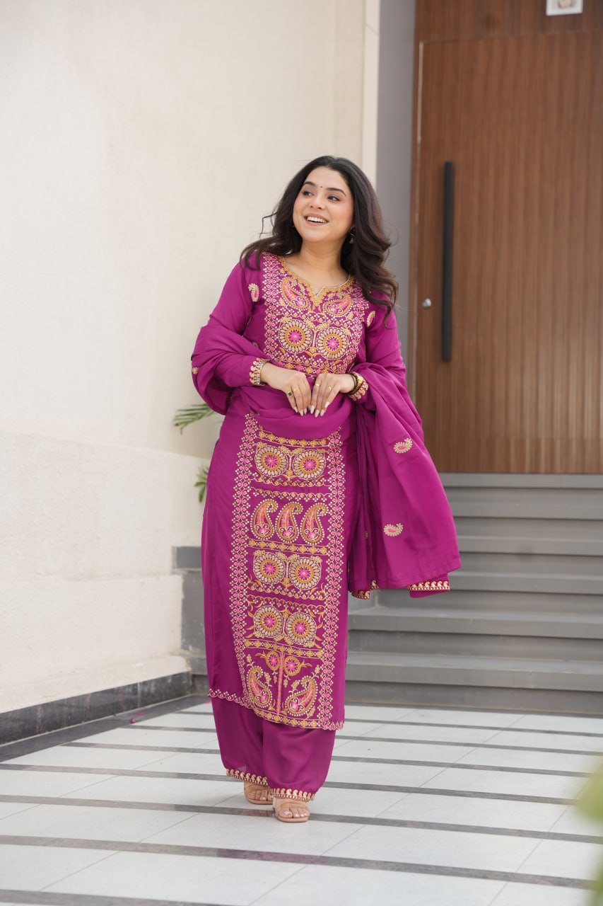 Magenta Chinnon With Multi Thread Embroidered Work Work Suit