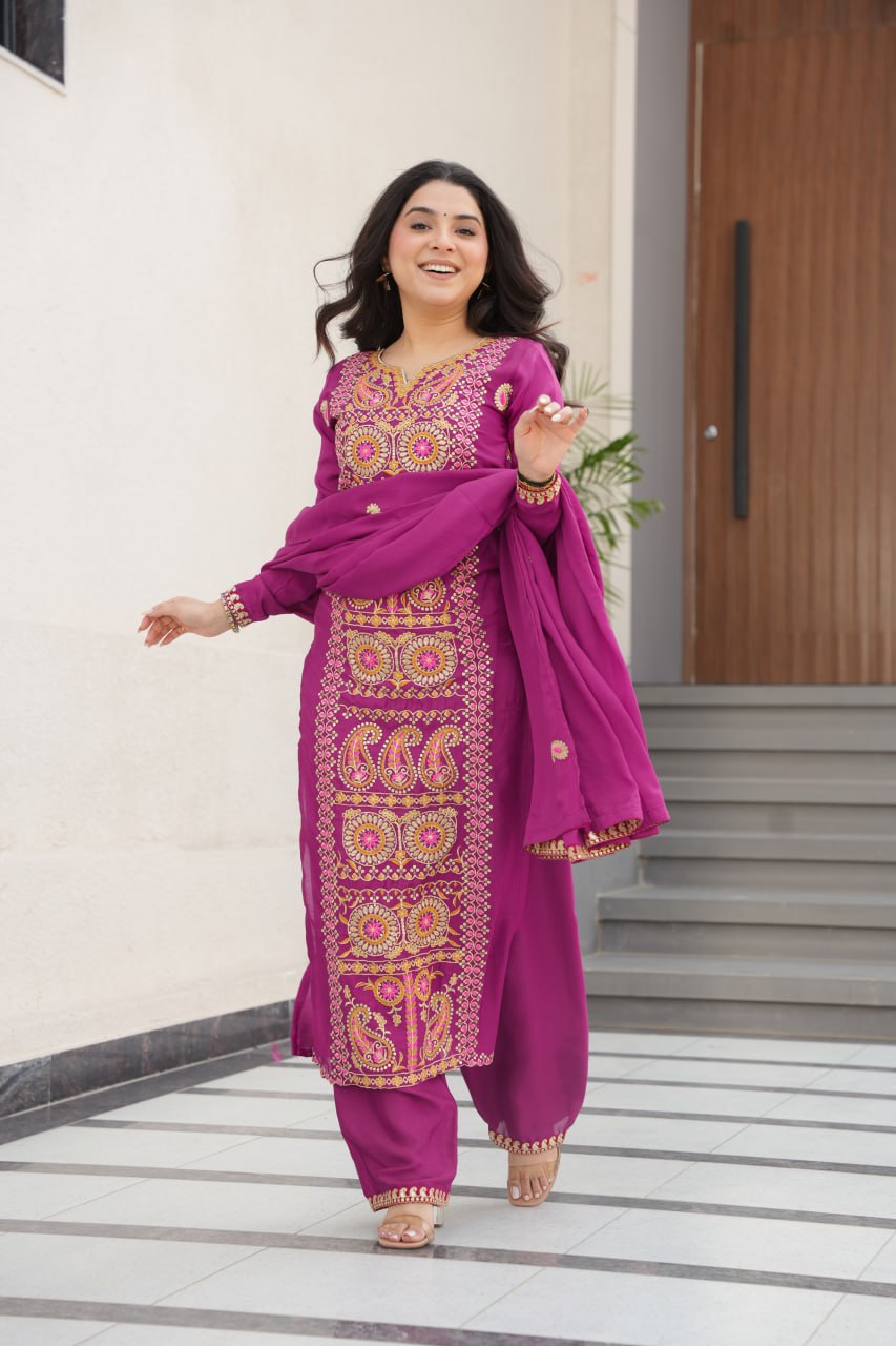 Magenta Chinnon With Multi Thread Embroidered Work Work Suit