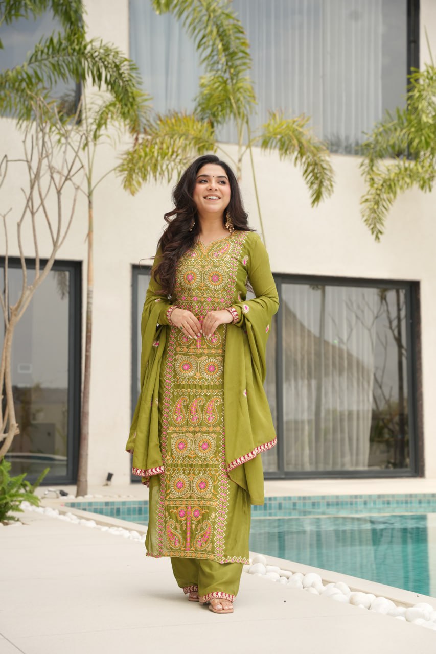 Parrot Chinnon With Multi Thread Embroidered Work Suit