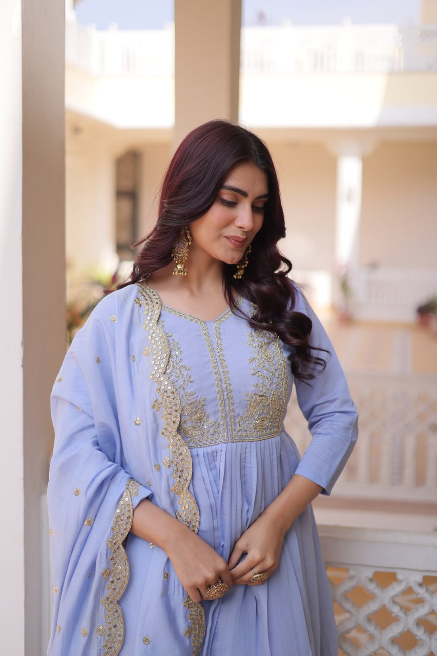 Powder Blue Mal Chanderi Anarkali Suit with Beads Embroidery
