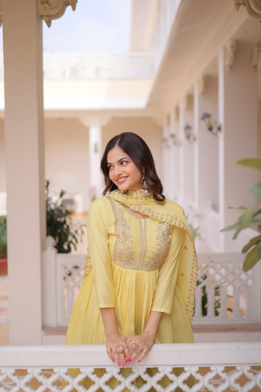 Yellow Mal Chanderi Anarkali Suit with Beads Embroidery