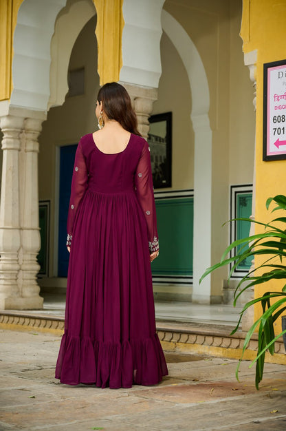 Wine Faux Blooming With Beads Embroidered Work Gown