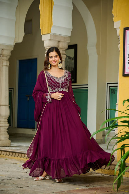 Wine Faux Blooming With Beads Embroidered Work Gown