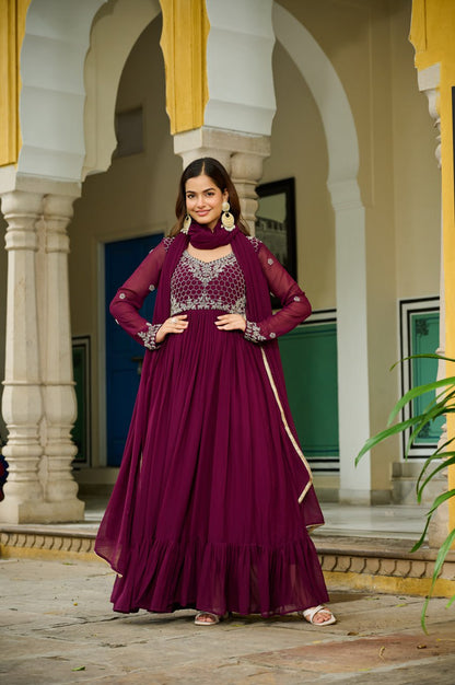 Wine Faux Blooming With Beads Embroidered Work Gown