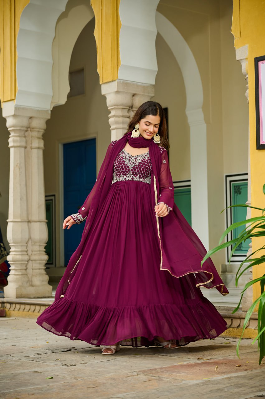 Wine Faux Blooming With Beads Embroidered Work Gown