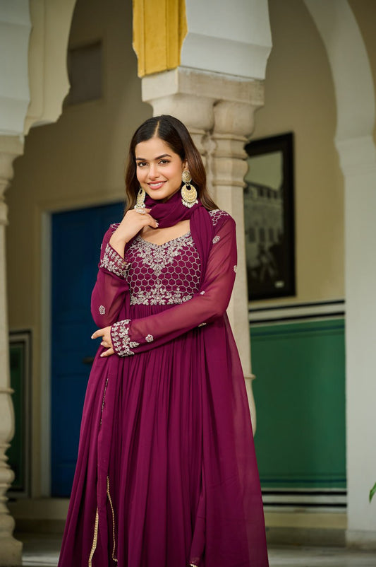 Wine Faux Blooming With Beads Embroidered Work Gown