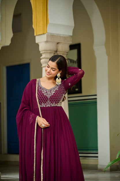 Wine Faux Blooming With Beads Embroidered Work Gown