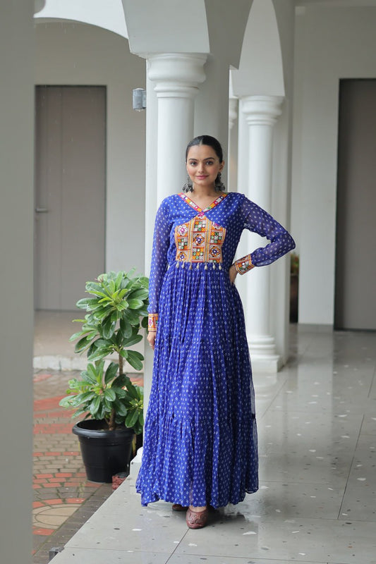 Blue Bandhani Print Work With Kutchi Patchework Navratri Gown
