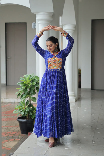 Blue Bandhani Print Work With Kutchi Patchework Navratri Gown