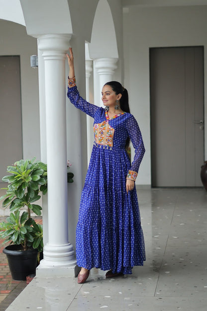 Blue Bandhani Print Work With Kutchi Patchework Navratri Gown